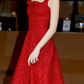 Attractive Spaghetti Straps Red Prom Dress Sequins Bow A-Line Evening Dress C8792