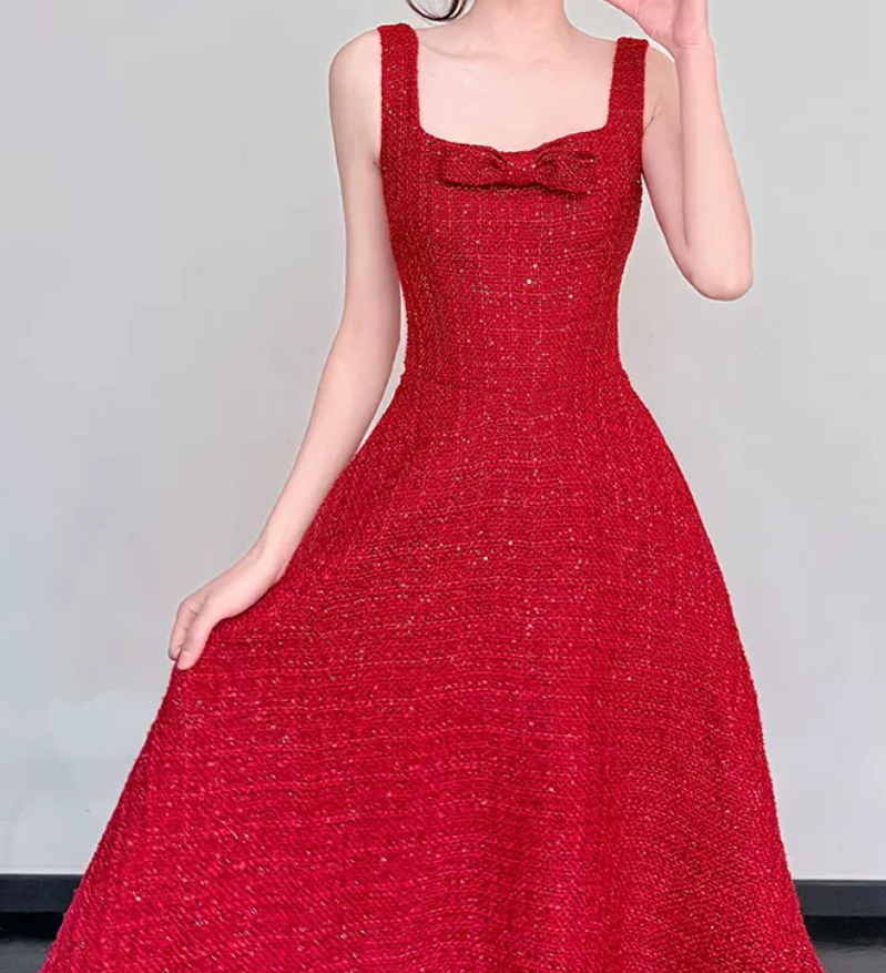 Attractive Spaghetti Straps Red Prom Dress Sequins Bow A-Line Evening Dress C8792