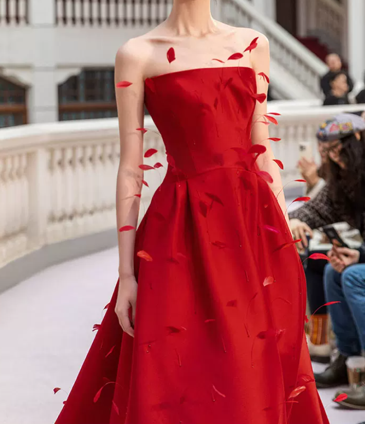 Sexy Strapless Red Prom Dress Feather Sequins A-Line Evening Dress C8794