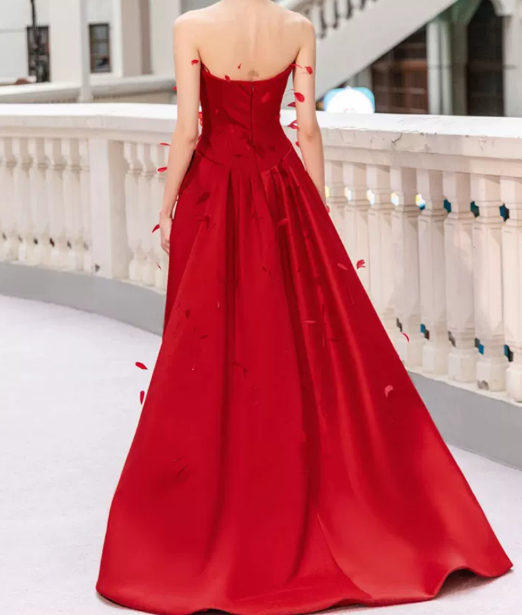 Sexy Strapless Red Prom Dress Feather Sequins A-Line Evening Dress C8794