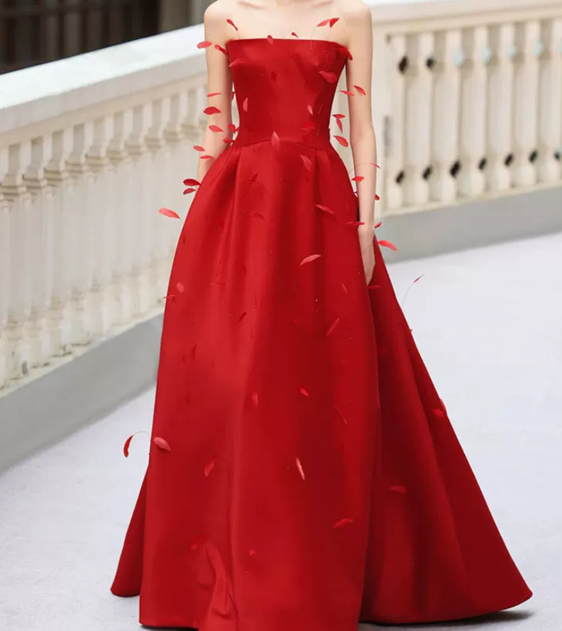 Sexy Strapless Red Prom Dress Feather Sequins A-Line Evening Dress C8794