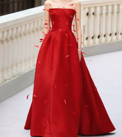 Sexy Strapless Red Prom Dress Feather Sequins A-Line Evening Dress C8794