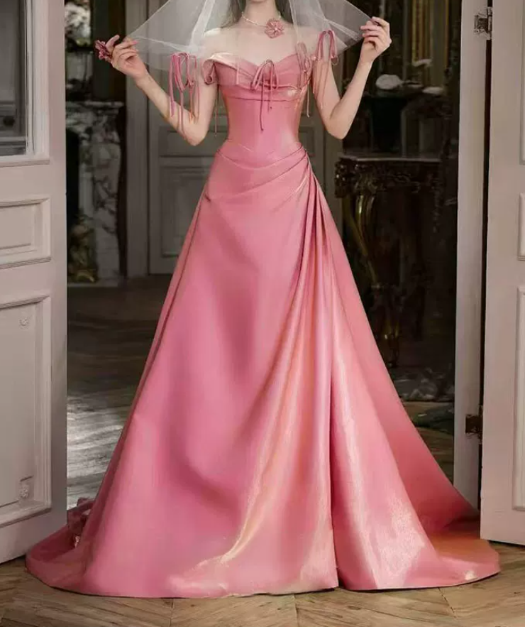 Sweet Strapless Pink Prom Dress Applique Satin A-Line Evening Dress C8795