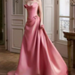Sweet Strapless Pink Prom Dress Applique Satin A-Line Evening Dress C8795