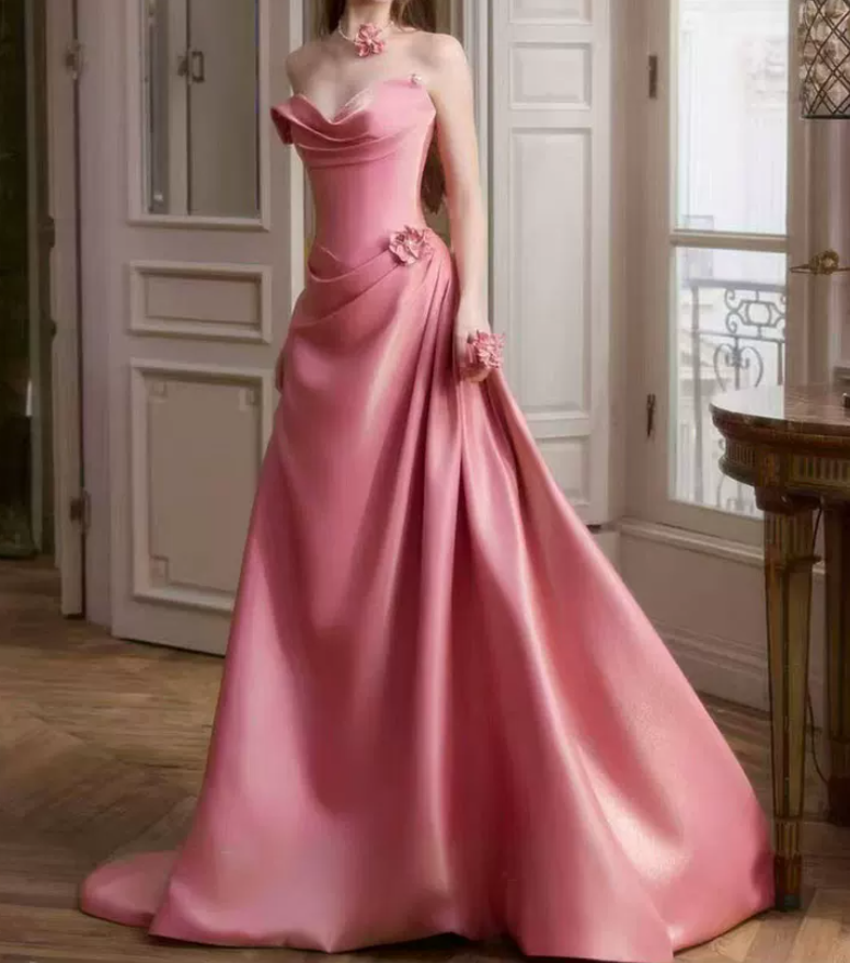 Sweet Strapless Pink Prom Dress Applique Satin A-Line Evening Dress C8795