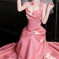 Sweet Strapless Pink Prom Dress Applique Satin A-Line Evening Dress C8795