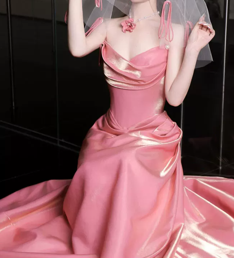 Sweet Strapless Pink Prom Dress Applique Satin A-Line Evening Dress C8795