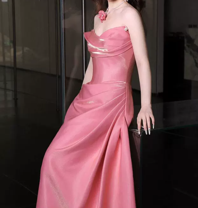 Sweet Strapless Pink Prom Dress Applique Satin A-Line Evening Dress C8795