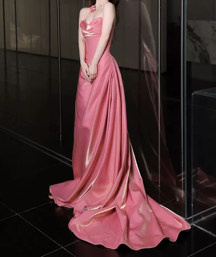 Sweet Strapless Pink Prom Dress Applique Satin A-Line Evening Dress C8795