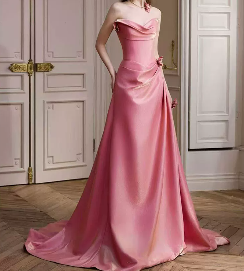 Sweet Strapless Pink Prom Dress Applique Satin A-Line Evening Dress C8795