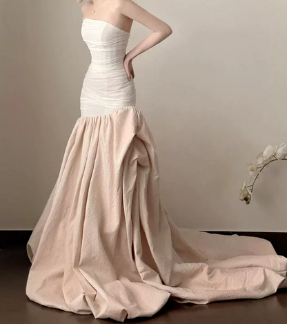 Elegant Strapless Beige Prom Dress Satin Mermaid Evening Dress C8796