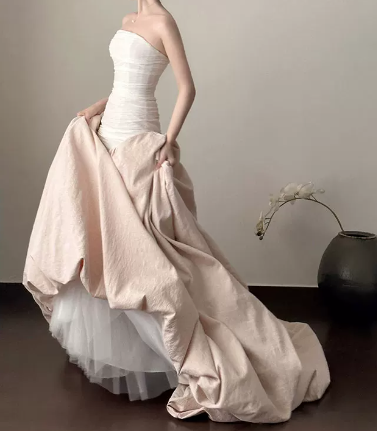 Elegant Strapless Beige Prom Dress Satin Mermaid Evening Dress C8796
