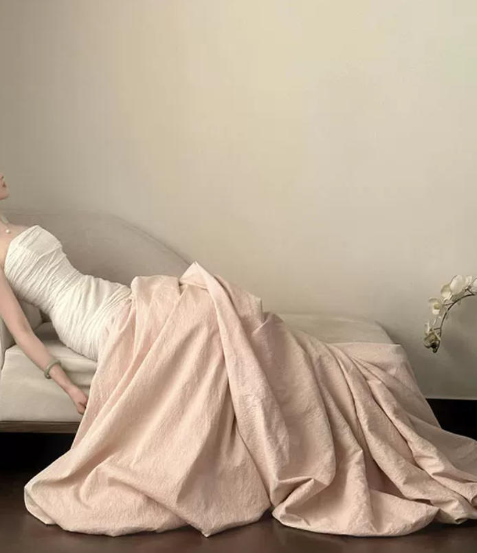Elegant Strapless Beige Prom Dress Satin Mermaid Evening Dress C8796