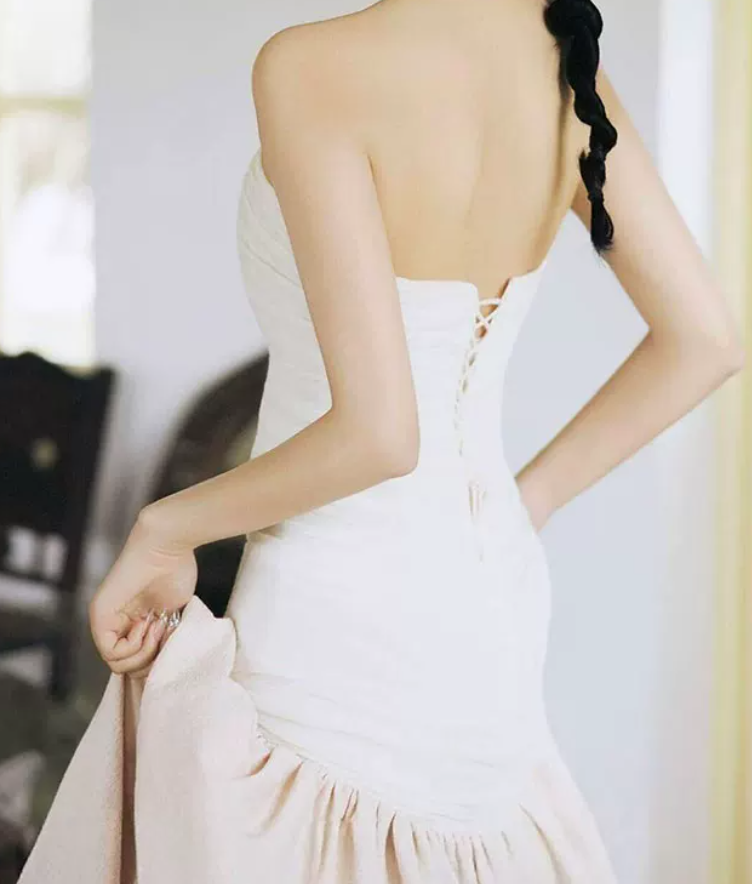 Elegant Strapless Beige Prom Dress Satin Mermaid Evening Dress C8796