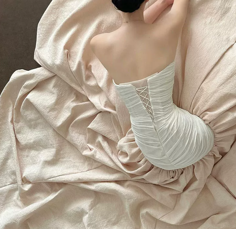 Elegant Strapless Beige Prom Dress Satin Mermaid Evening Dress C8796
