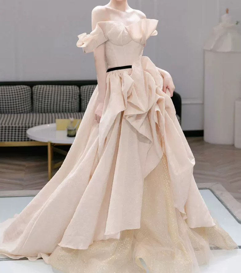 Trendy Off-Shoulder Beige Prom Dress Tulle Ruched A-Line Evening Dress C8797