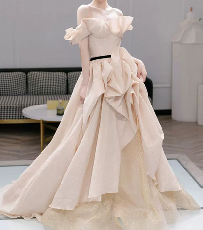 Trendy Off-Shoulder Beige Prom Dress Tulle Ruched A-Line Evening Dress C8797