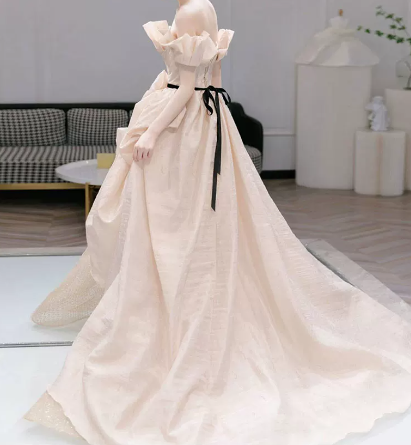 Trendy Off-Shoulder Beige Prom Dress Tulle Ruched A-Line Evening Dress C8797