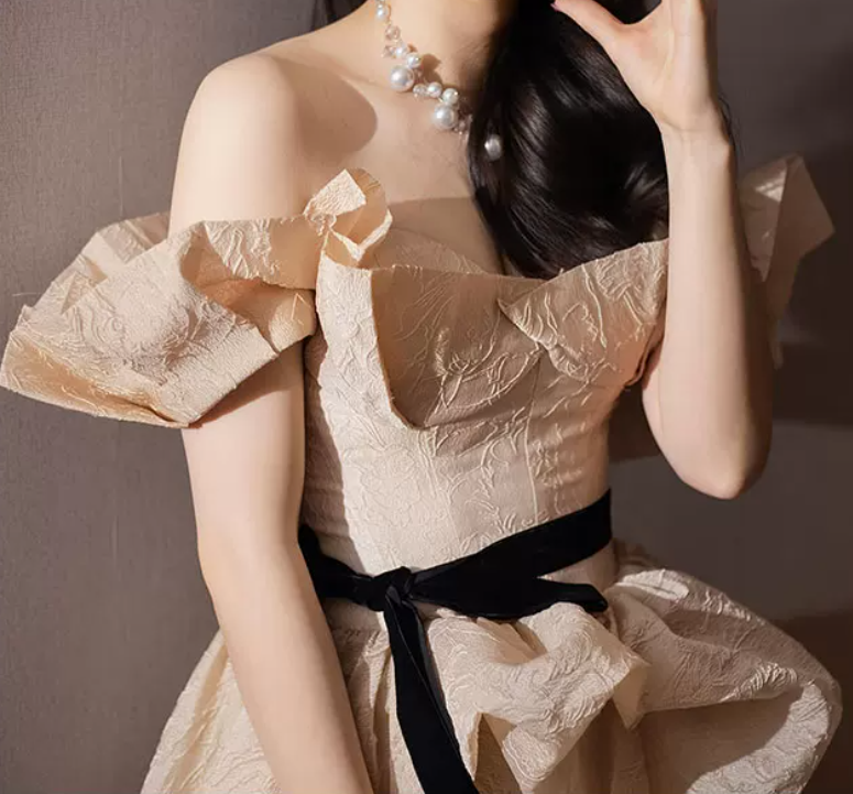Trendy Off-Shoulder Beige Prom Dress Tulle Ruched A-Line Evening Dress C8797