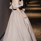 Trendy Off-Shoulder Beige Prom Dress Tulle Ruched A-Line Evening Dress C8797