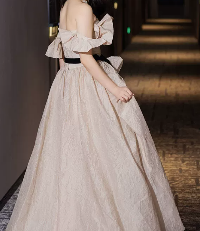 Trendy Off-Shoulder Beige Prom Dress Tulle Ruched A-Line Evening Dress C8797