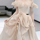 Trendy Off-Shoulder Beige Prom Dress Tulle Ruched A-Line Evening Dress C8797