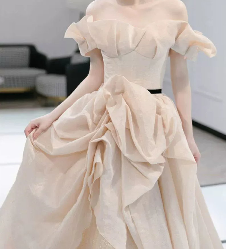 Trendy Off-Shoulder Beige Prom Dress Tulle Ruched A-Line Evening Dress C8797