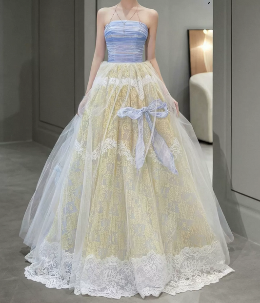 Ornate Strapless Blue & Gold Prom Dress Lace Jacquard A-Line Evening Dress C8798