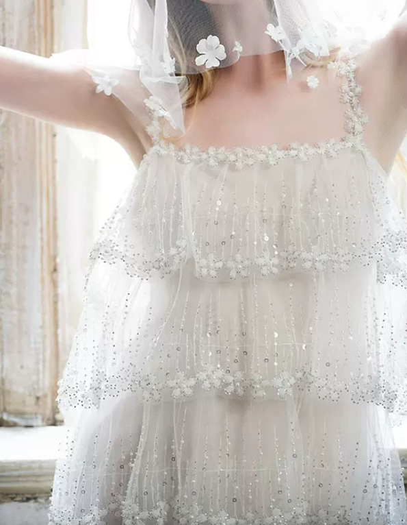 Elegant Spaghetti Straps White Prom Dress Tiered Sequins A-Line Evening Dress C8799