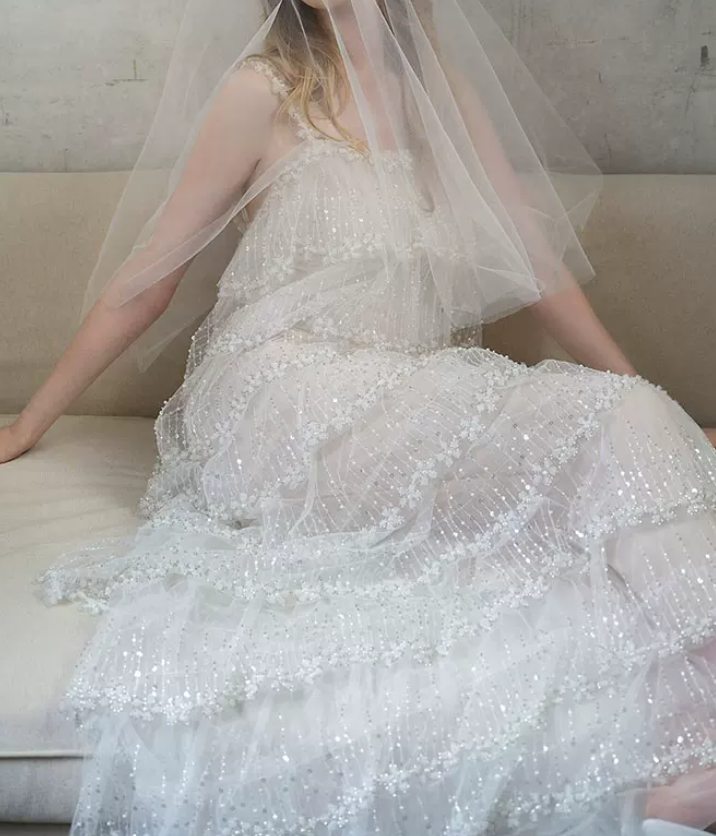 Elegant Spaghetti Straps White Prom Dress Tiered Sequins A-Line Evening Dress C8799