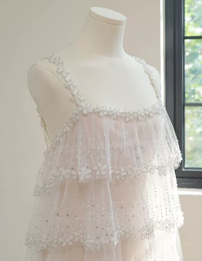 Elegant Spaghetti Straps White Prom Dress Tiered Sequins A-Line Evening Dress C8799