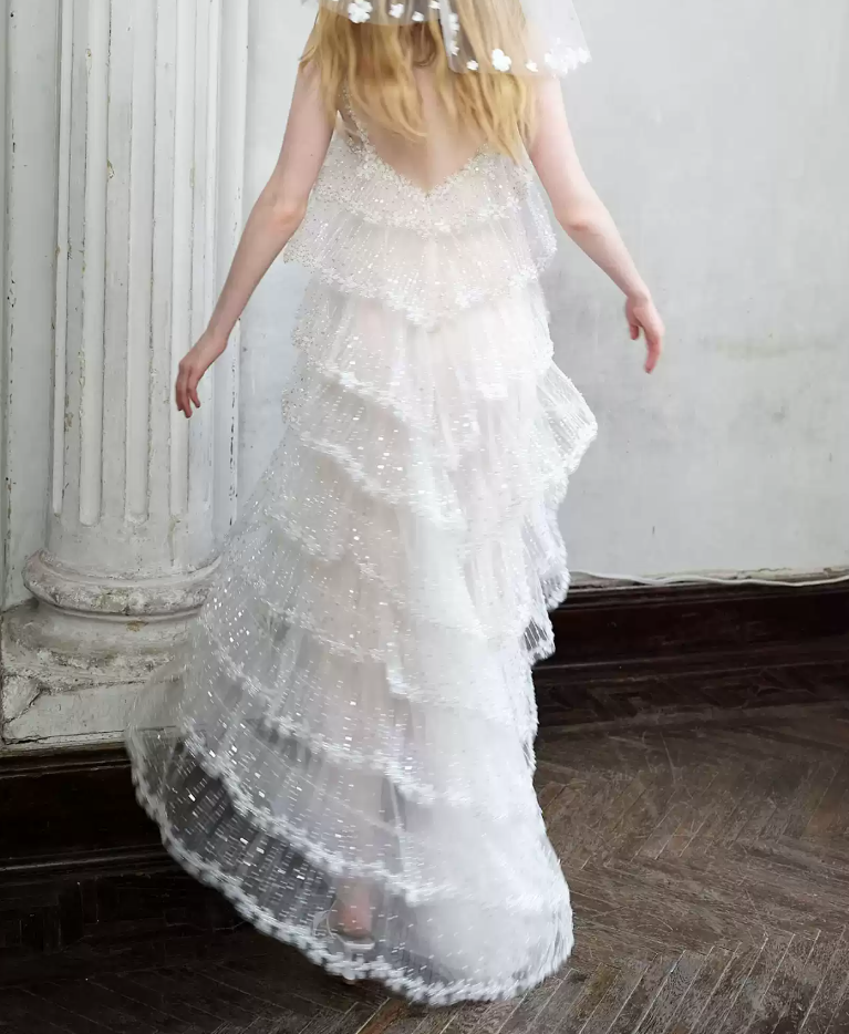Elegant Spaghetti Straps White Prom Dress Tiered Sequins A-Line Evening Dress C8799