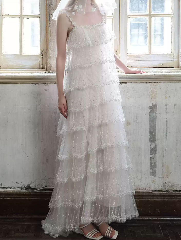 Elegant Spaghetti Straps White Prom Dress Tiered Sequins A-Line Evening Dress C8799
