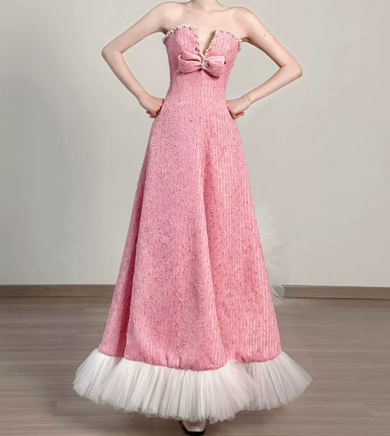 Robe de bal de princesse bustier à volants en satin long, robe de soirée C8117