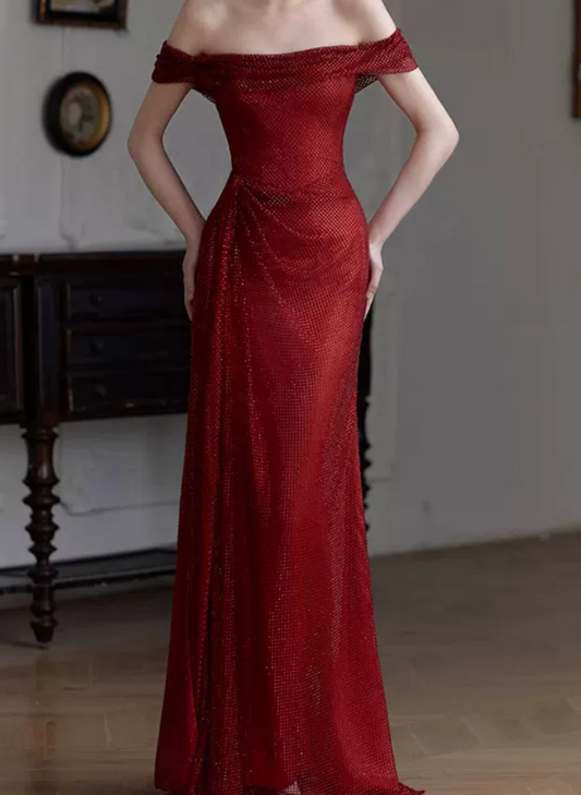 Alluring Off-Shoulder Red Prom Dress Sequins Mermaid Evening Dress C8802