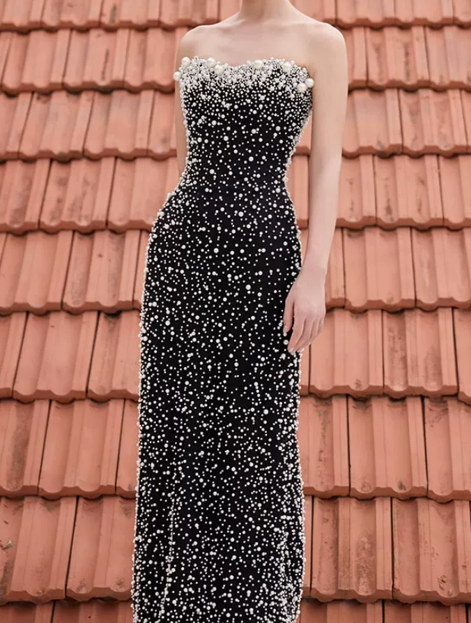 Glam Off-Shoulder Black Prom Dress Pearls Mermaid Evening Dress C8805