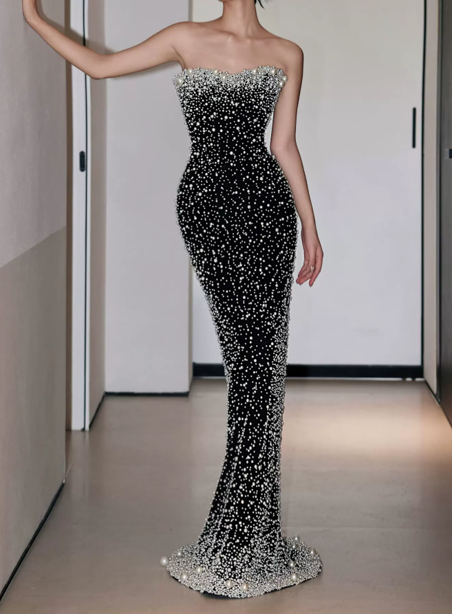 Glam Off-Shoulder Black Prom Dress Pearls Mermaid Evening Dress C8805