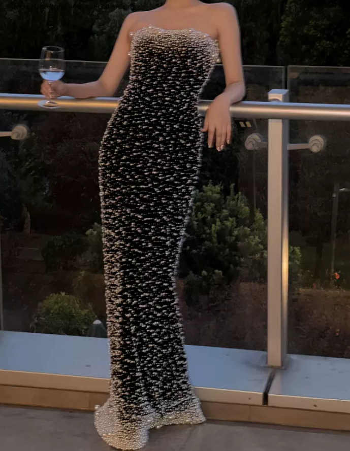 Glam Off-Shoulder Black Prom Dress Pearls Mermaid Evening Dress C8805