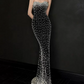 Glam Off-Shoulder Black Prom Dress Pearls Mermaid Evening Dress C8805