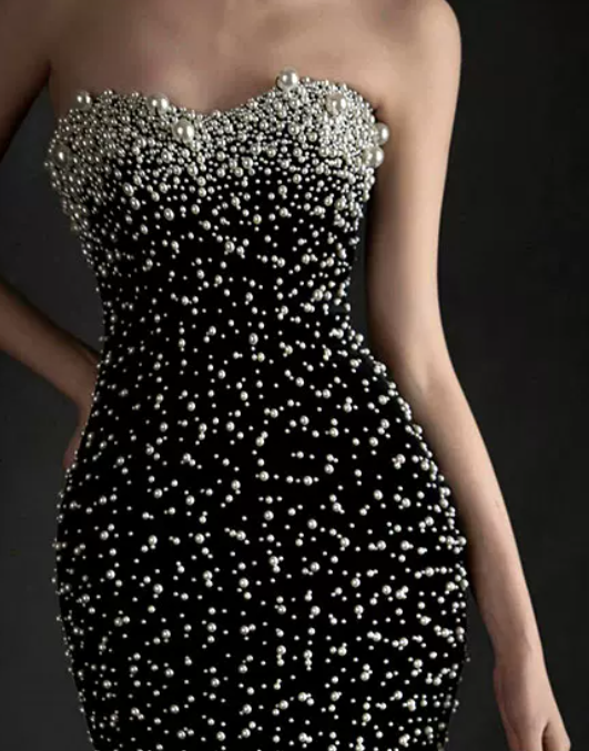 Glam Off-Shoulder Black Prom Dress Pearls Mermaid Evening Dress C8805