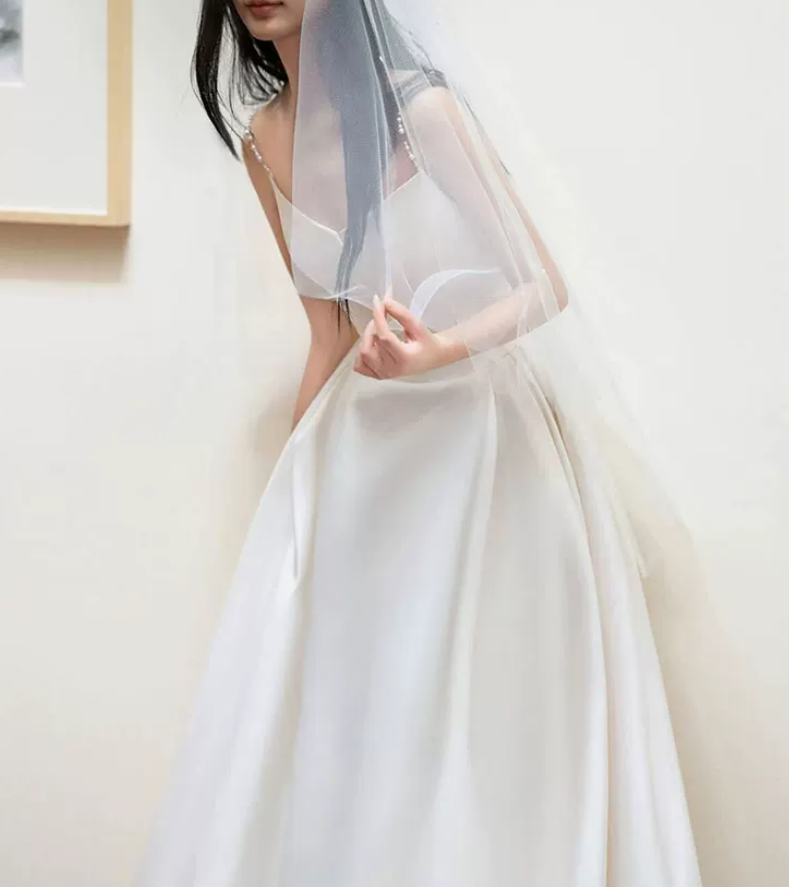Glam Spaghetti Straps Wedding Dresses Satin A-Line Bridal Dress C8806