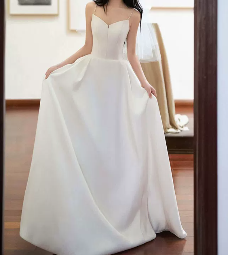 Glam Spaghetti Straps Wedding Dresses Satin A-Line Bridal Dress C8806
