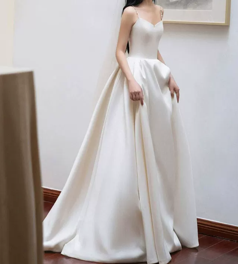 Glam Spaghetti Straps Wedding Dresses Satin A-Line Bridal Dress C8806