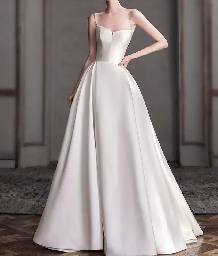 Glam Spaghetti Straps Wedding Dresses Satin A-Line Bridal Dress C8806
