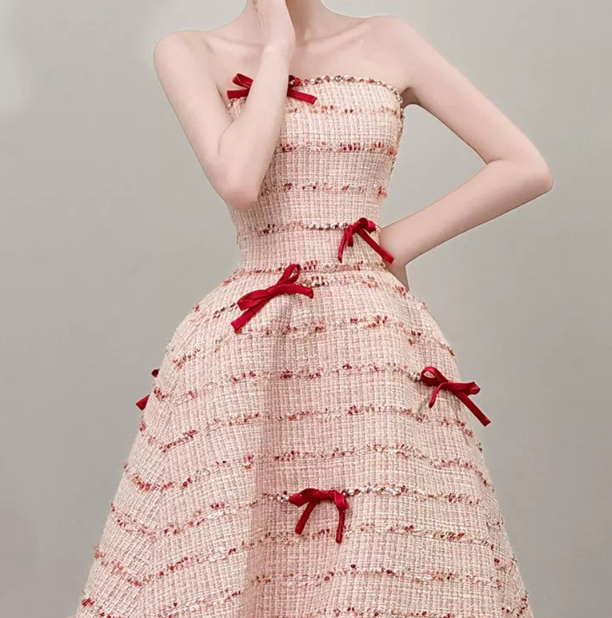 Glam Strapless Red Prom Dress Bows Beaded A-Line Evening Dress C8807