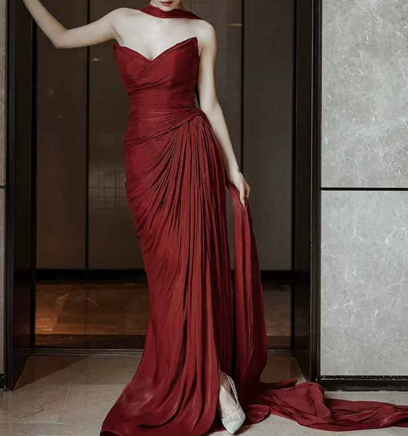 Robe de bal de princesse bustier à volants en satin long, robe de soirée C8117
