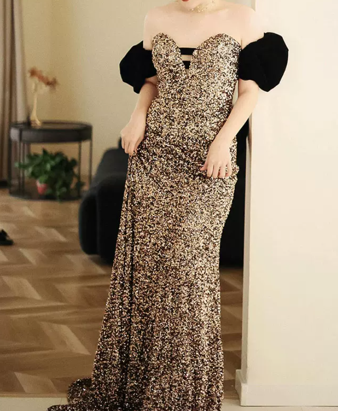 Glam Off-Shoulder Gold Prom Dress Sequins Mermaid Evening Dress C8810