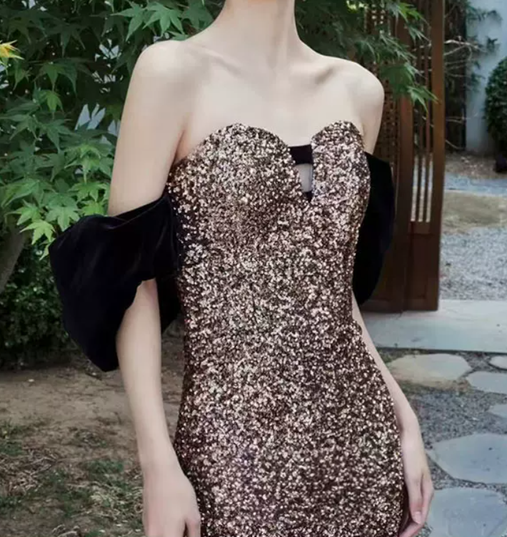 Glam Off-Shoulder Gold Prom Dress Sequins Mermaid Evening Dress C8810