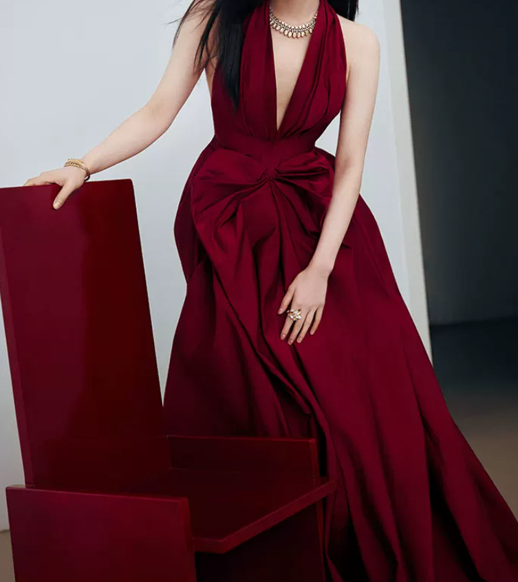 Romantic Halter Neck Red Prom Dress Ruched A-Line Evening Dress C8811