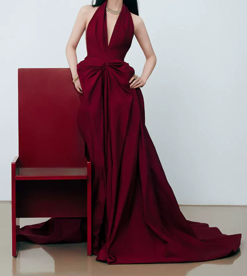 Romantic Halter Neck Red Prom Dress Ruched A-Line Evening Dress C8811